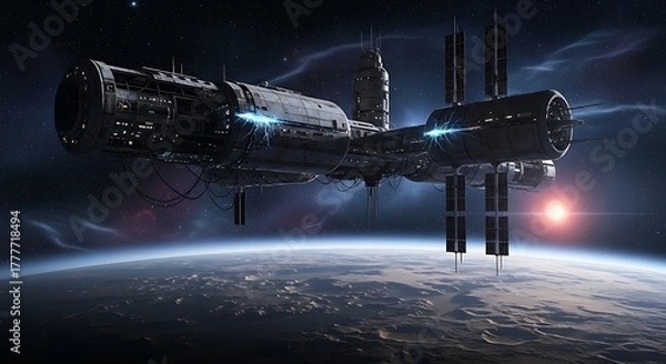 Obraz Futuristic space station orbits a blue planet with city lights visible, set against a backdrop of stars and nebulae.