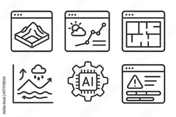 Fototapeta Simulation Software Icons. Line style icons of simulation and planning software: 3D terrain simulator, climate model dashboard,