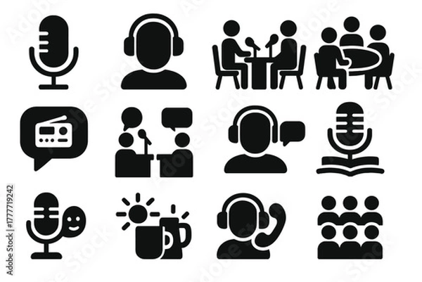 Fototapeta Podcast Show Icons. Solid style icons of podcast and talk shows: podcast mic, host with headphones, guest interview, roundtable