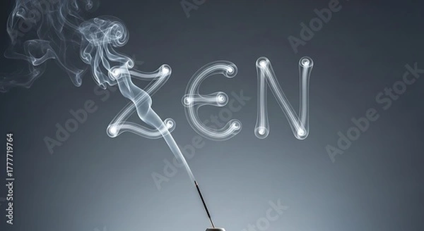 Fototapeta An incense stick burns, releasing smoke that forms the word "ZEN" in glowing letters against a dark gray background.