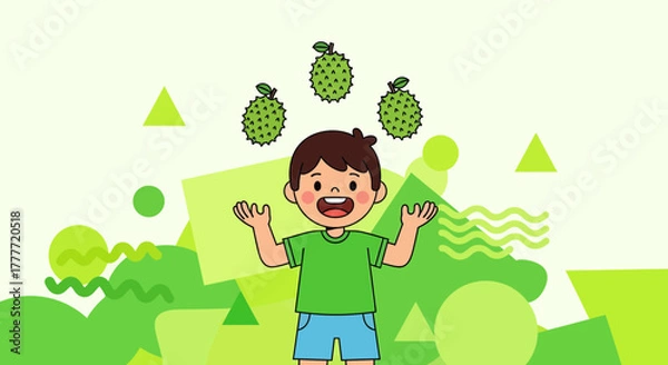 Fototapeta Joyful Boy Balancing Durian Fruit Using His Hands Within A Vibrant Green Backdrop