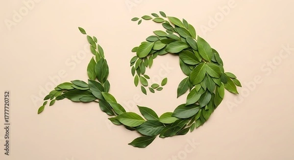 Obraz Green leaves arranged in a spiral shape resembling a fish on a beige background, creating a natural and artistic composition.
