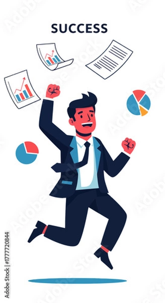 Obraz Joyful Businessman Celebrates Triumph With Data Charts and Documents After Achieving Goals
