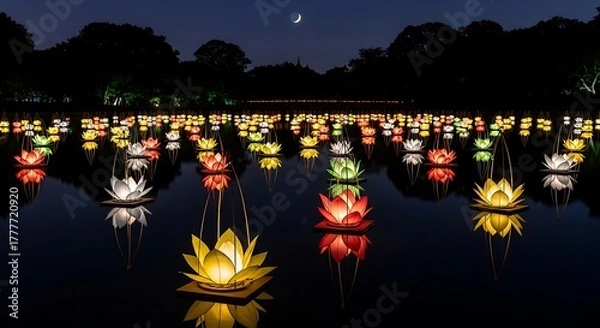 Obraz Illuminated lotus lanterns float on a dark lake at night, reflecting in the water under a crescent moon.