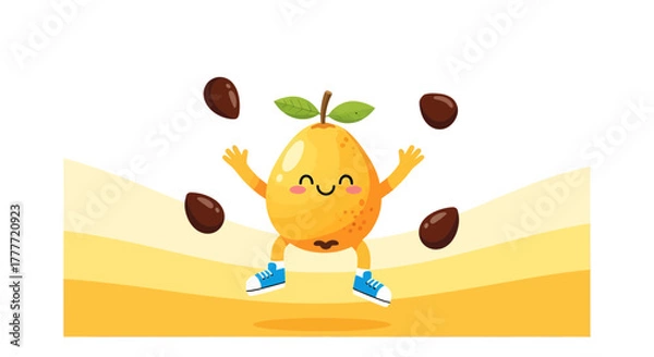 Obraz Joyful Cartoon Fruit Character Juggling Seeds Against Simple, Cheerful, Yellow Background