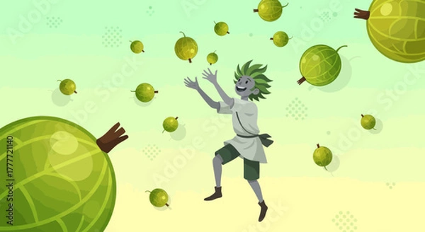 Obraz Joyful Character Surrounded By Whimsical Gooseberries In A Playful, Colorful Scene