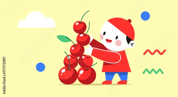 Fototapeta Joyful Character with Red Cherries in a Playful, Colorful, Illustrated Composition