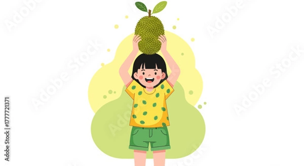 Fototapeta Joyful Child Balancing A Jackfruit On Her Head And Smiling With Delightful Energy