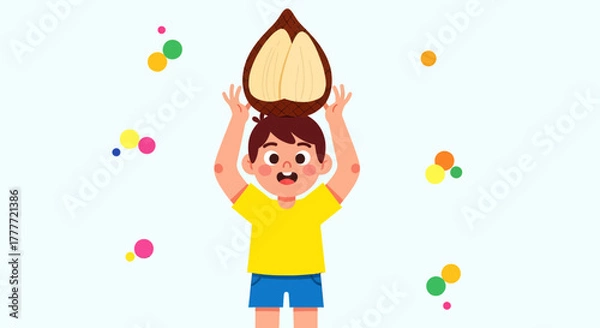 Obraz Joyful Child Balancing Exotic Brown Fruit Above His Head in Playful Illustration