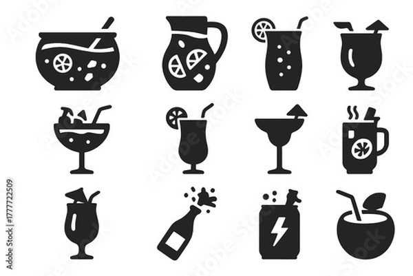 Fototapeta Party Drinks Icons. Solid style icons of party drinks: punch bowl, sangria pitcher, sparkling soda, fruit cocktail, mocktail glass