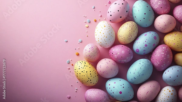 Fototapeta Colorful speckled Easter eggs in pastel shades of pink, blue, yellow, and white scattered on soft pink background, creating festive and cheerful springtime atmosphere