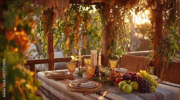 Obraz Festive table setting in a sukkah during sukkot holiday at sunset, celebrating the harvest season