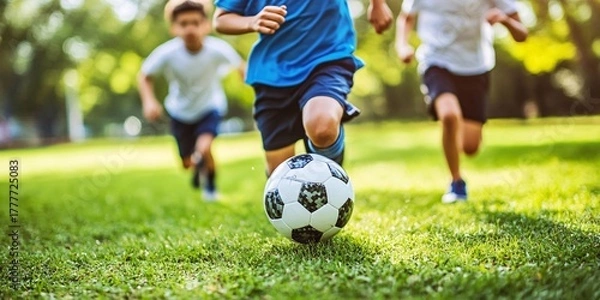 Obraz kids playing soccer outdoors in a park on a sunny day