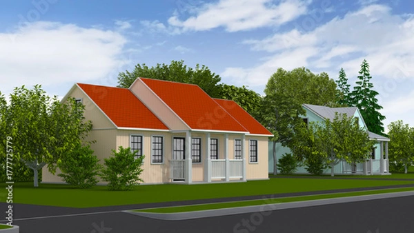 Fototapeta Small house with a porch and a red roof against the background of a lawn, trees and cloudy sky. 3d illustration