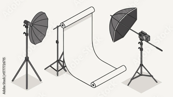 Fototapeta "Realistic 3D render of professional photography set with multiple lighting sources, seamless white backdrop, and reflector umbrella. Modern studio setup for product, fashion, and portrait photography