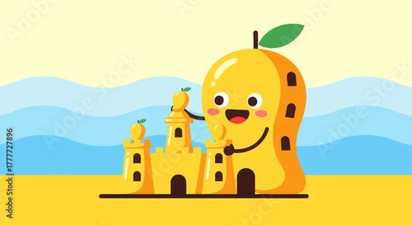 Obraz Joyful Mango Character Building A Sandcastle On A Sunny Beach Day Illustration