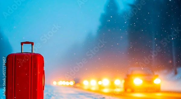Fototapeta Red Packed suitcase on snow road with traffic in winter evening  