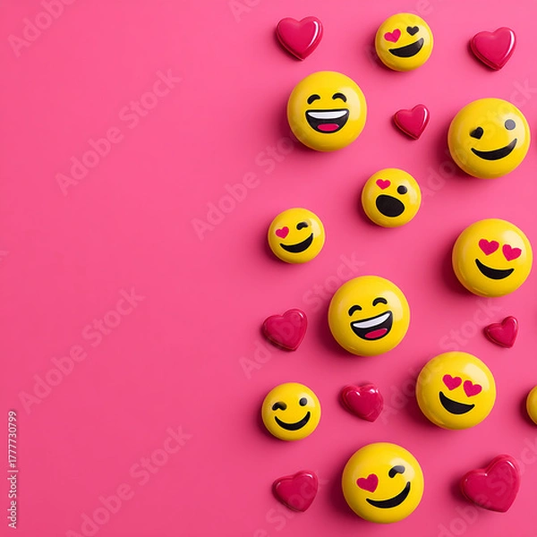 Fototapeta Joyful Emoji Faces and Hearts Flat Lay on Bright Pink Surface – Fun Digital Design made with generative AI