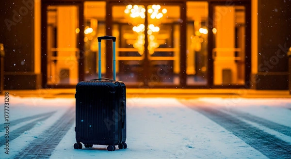 Fototapeta Black packed suitcase on snow outside hotel entrance at night  