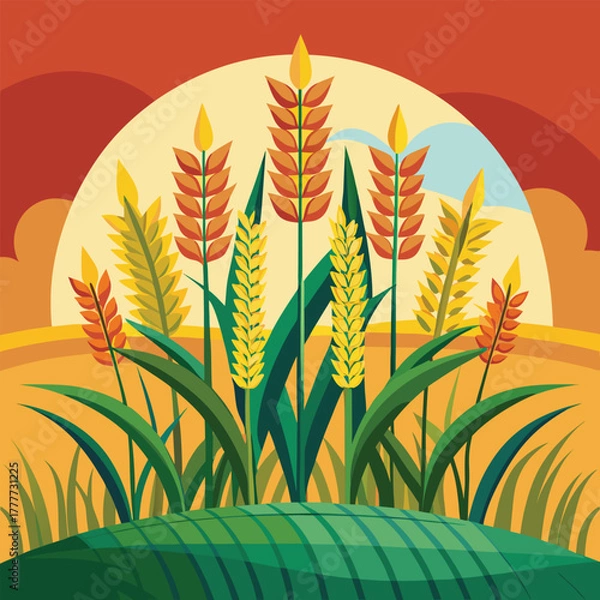 Fototapeta Stylized wheat field illustration with sunset and agricultural landscape design