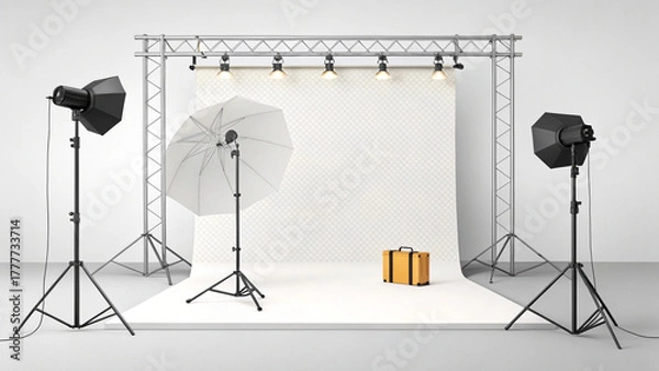 Fototapeta "Realistic 3D render of professional photography set with multiple lighting sources, seamless white backdrop, and reflector umbrella. Modern studio setup for product, fashion, and portrait photography
