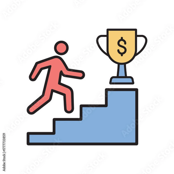 Fototapeta Stylized Icon illustration of a person climbing stairs towards a golden trophy with a dollar sign symbolizing financial success