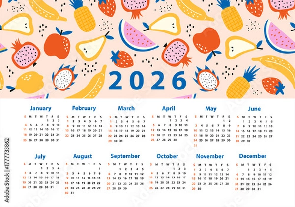 Obraz Calendar 2026 starting from Sunday. Vector