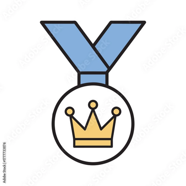 Fototapeta Simple cartoon illustration of a blue ribbon medal with a golden crown inside a white circle Icon