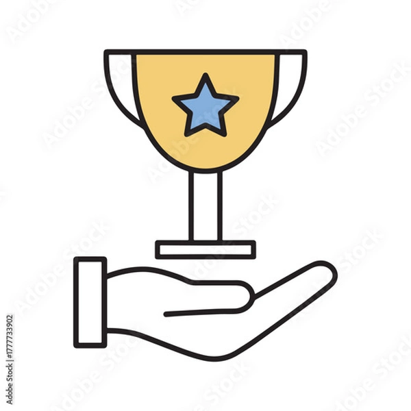 Obraz Hand holding a golden trophy with a blue star symbolizing achievement success and winning an award Icon