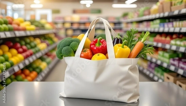 Fototapeta Eco-friendly grocery shopping bag filled with fresh organic vegetables and fruits in supermarket.