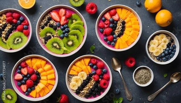 Fototapeta Healthy colorful smoothie bowls with organic fruits and chia seeds for breakfast.