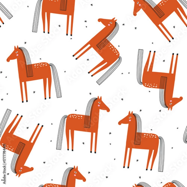 Fototapeta Seamless pattern with red horses. Vector