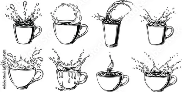 Fototapeta Hand-drawn home barista coffee and beverage splash icons set