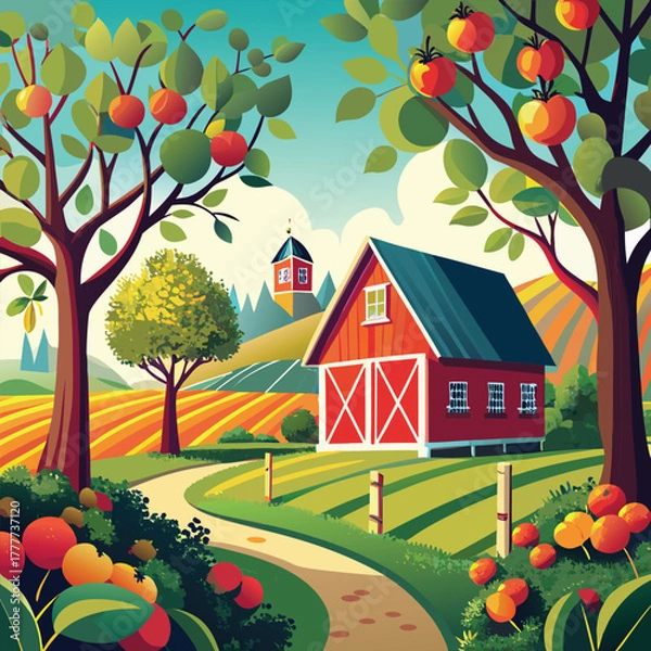 Obraz Scenic farm landscape illustration with red barn and apple trees