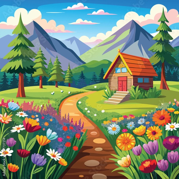 Fototapeta A Beautiful Cottage Surrounded by Vibrant Nature a beautiful cottage