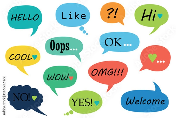 Obraz Colorful Speech Bubble Set with Text, Comic Chat Expressions Vector Design.