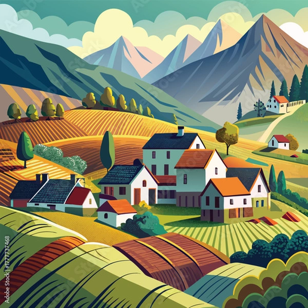 Obraz Serene Mountain Landscape with Charming Farmhouses serene mountain landscape with