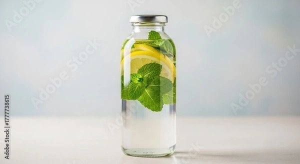 Fototapeta A tall clear glass bottle filled with refreshing water infused with slices of lemon and fresh green mint leaves