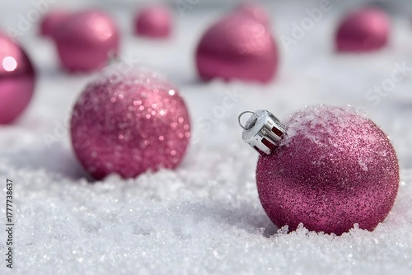 Fototapeta Close up of Vibrant Pink Glitter Christmas Ornament Lying on Fresh White Snow Covered with Tiny Ice Crystals and Soft Bokeh