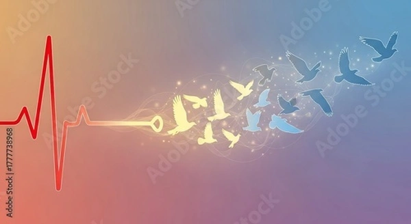 Fototapeta Abstract representation of life s journey from a heartbeat to freedom symbolized by birds flying away from musical notes and keys on a gradient background