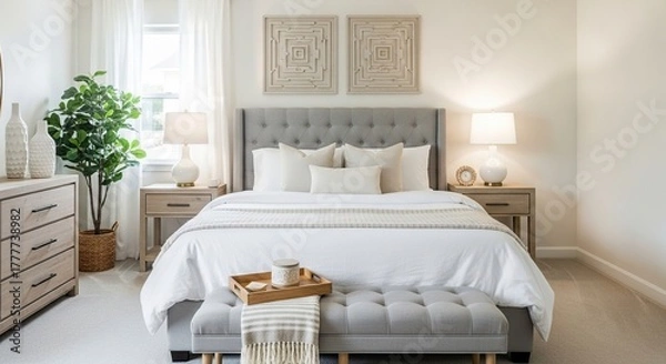 Fototapeta Elegant and inviting master bedroom featuring a plush tufted headboard crisp white bedding and a cozy upholstered bench at the foot of the bed