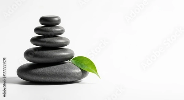 Fototapeta A perfectly balanced stack of smooth dark grey spa stones with a single vibrant green leaf resting against the side on a clean white background symbolizing zen tranquility and harmony