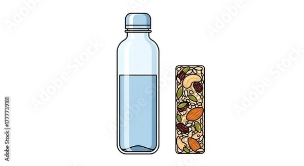 Fototapeta A tall clear glass bottle filled with light blue liquid next to a colorful granola bar with visible fruit and nut pieces on a white background