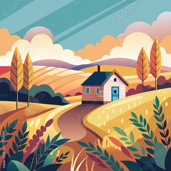 Fototapeta Rural landscape house fields trees sky vector illustration graphic design