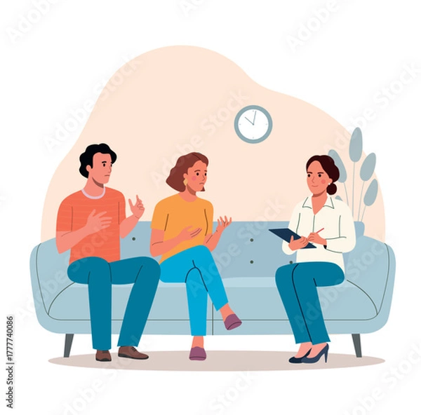 Fototapeta Family psychologist talks to a married couple on the sofa. Psychological consultation. Vector flat style illustration