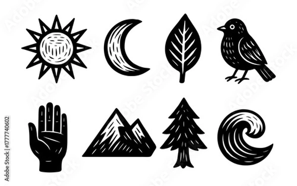 Fototapeta Nature and symbol icons in hand drawn black style: sun, moon, leaf, bird, hand, mountain, tree, wave