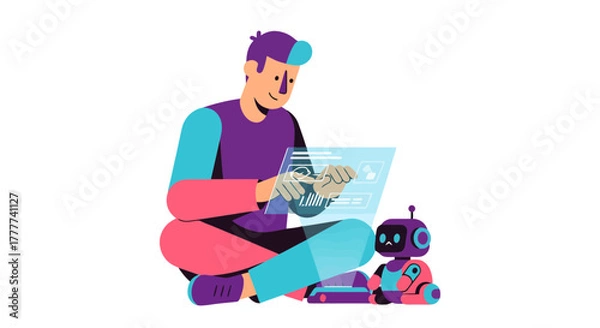 Fototapeta Man Using Digital Tablet Working With Friendly Robot, Future Technology Illustration