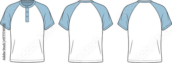 Obraz Raglan sleeve color-block T-shirt technical flat sketch showing front and back views with henley placket, vector apparel template for garment design