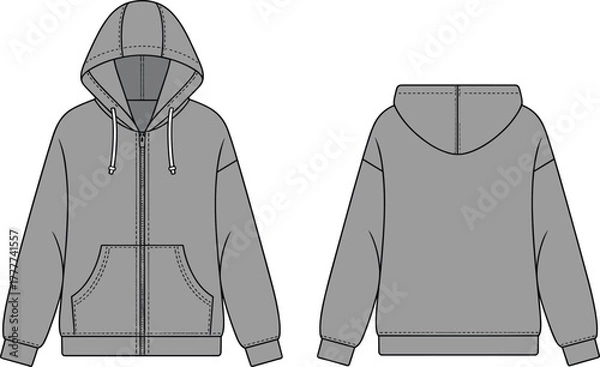 Fototapeta Hoodie technical flat sketch showing front and back views with zipper, pockets and stitching details, vector apparel template for garment design