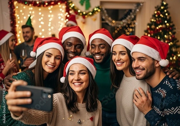 Fototapeta Festive Friends Capturing Christmas Memories with a Selfie.
